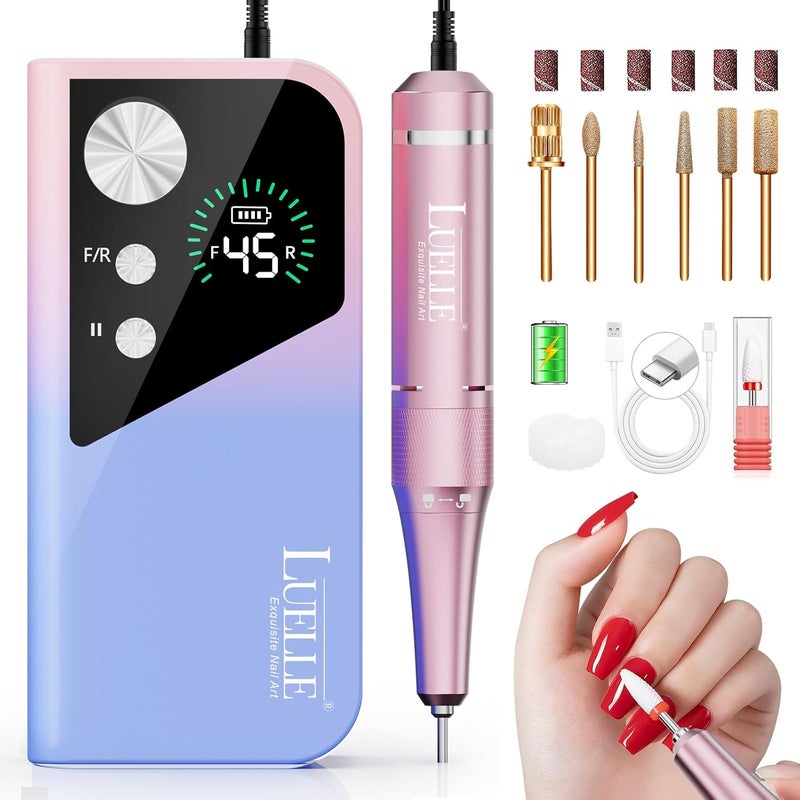 Luelle Electric Nail Drill File Professional 45000 RPM, Electric Nail File Machine Kit for Acrylic Gel Nails Polishing Removing, Portable Rechargeable Cordless E File with Gold Bits Kit for Salon Home - Image 1